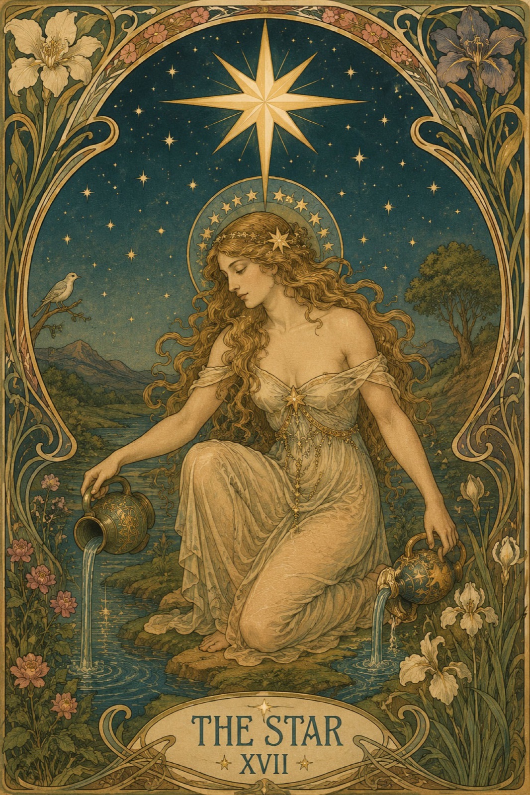Karta dnia: Gwiazda (The Star) — ilustracja w stylu Art Nouveau (Mucha)