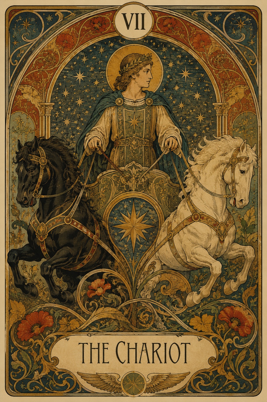 Karta dnia: Rydwan (The Chariot) — ilustracja w stylu Art Nouveau