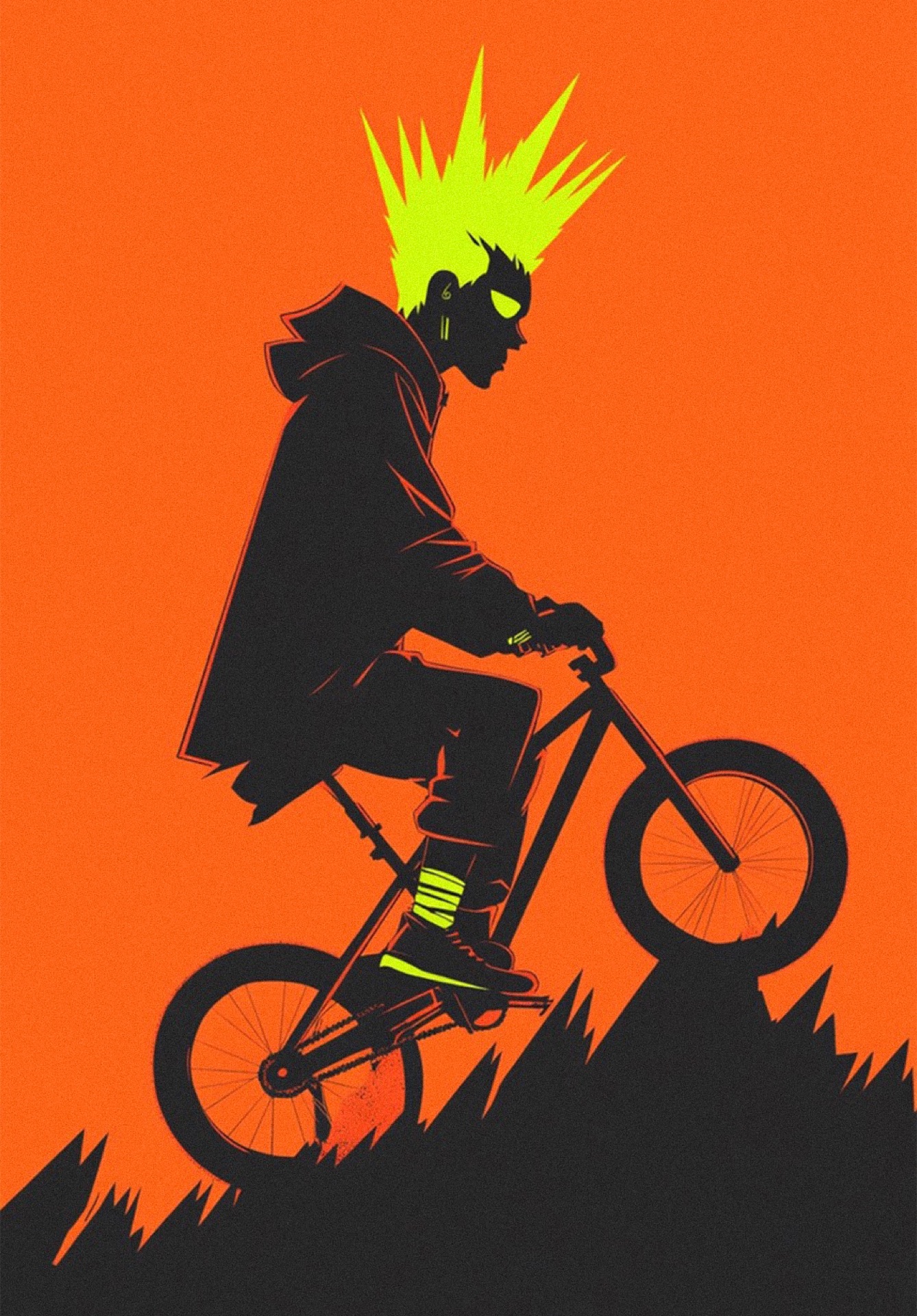 Plakat: punkowy jeździec z neonowym irokezem na rowerze BMX na pomarańczowym tle
